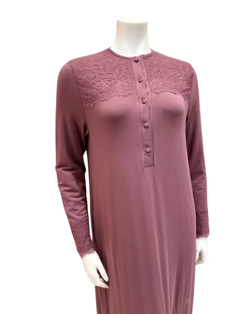 AK853MVE Mauve Lace Button Down Modal Nightgown