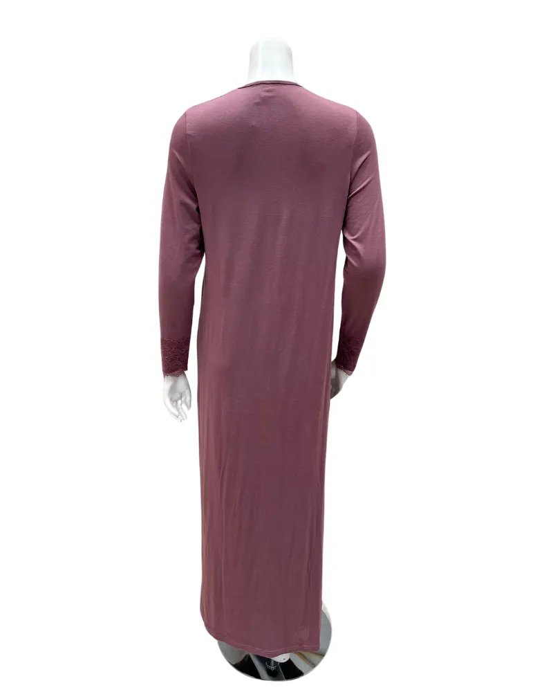 AK853MVE Mauve Lace Button Down Modal Nightgown