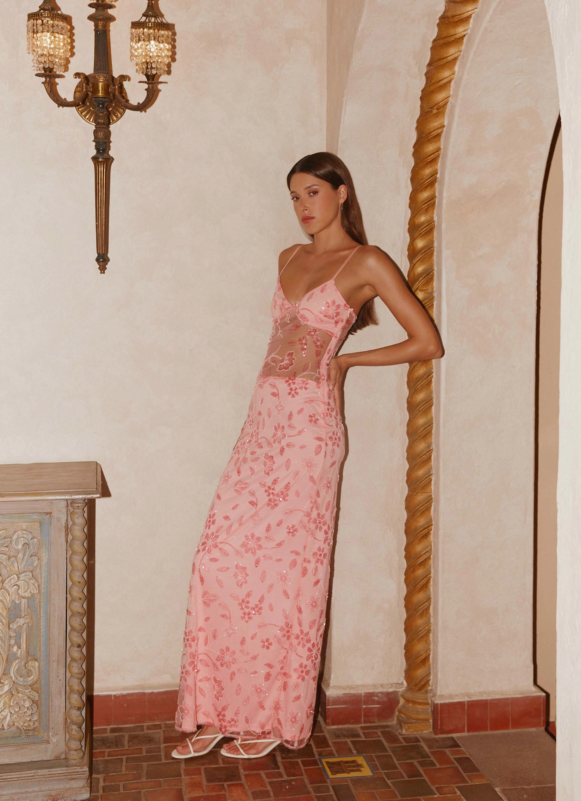 Elegant Waistband Sophisticated Style Akira Beaded Maxi Dress - Pink Orange