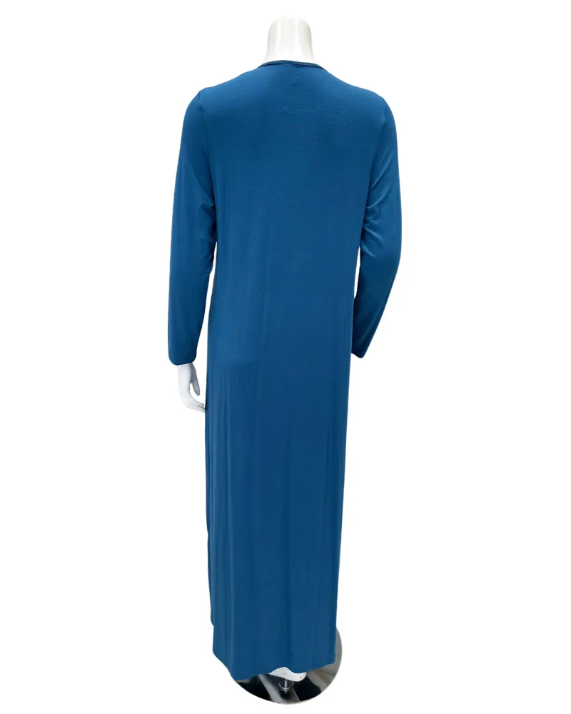 AL854BL Solid Blue with White Piping Button Down Modal Nightgown