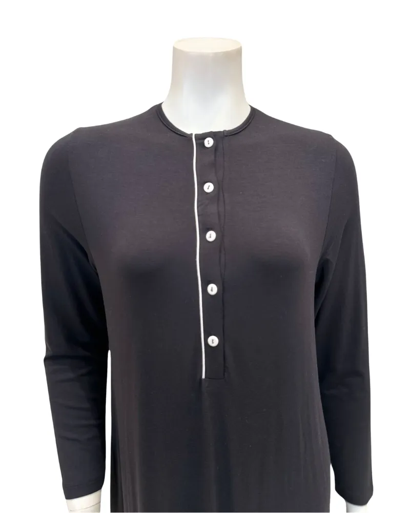 AL854BLK Solid Black with White Piping Button Down Modal Nightgown