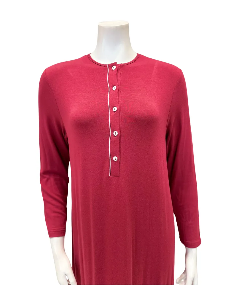 AL854BRY Solid Berry with White Piping Button Down Modal Nightgown