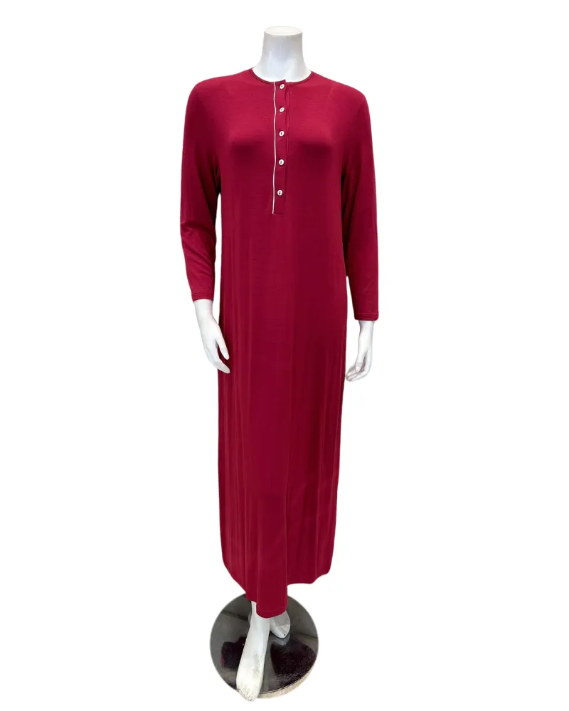AL854BRY Solid Berry with White Piping Button Down Modal Nightgown