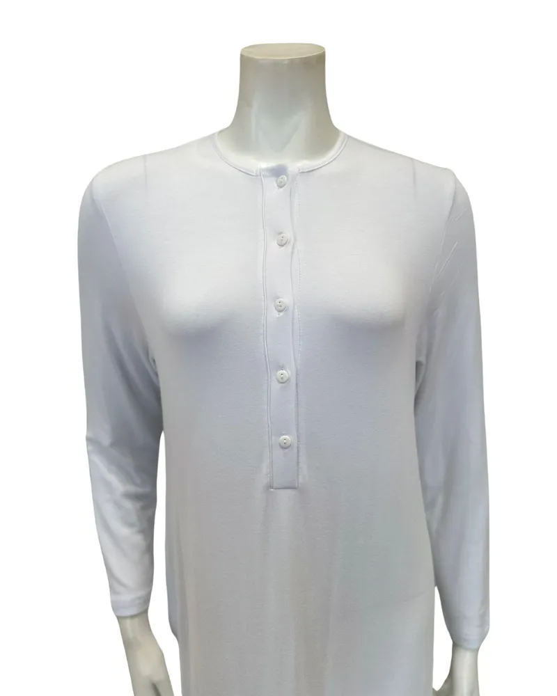 AL854WT Solid White with White Piping Button Down Modal Nightgown