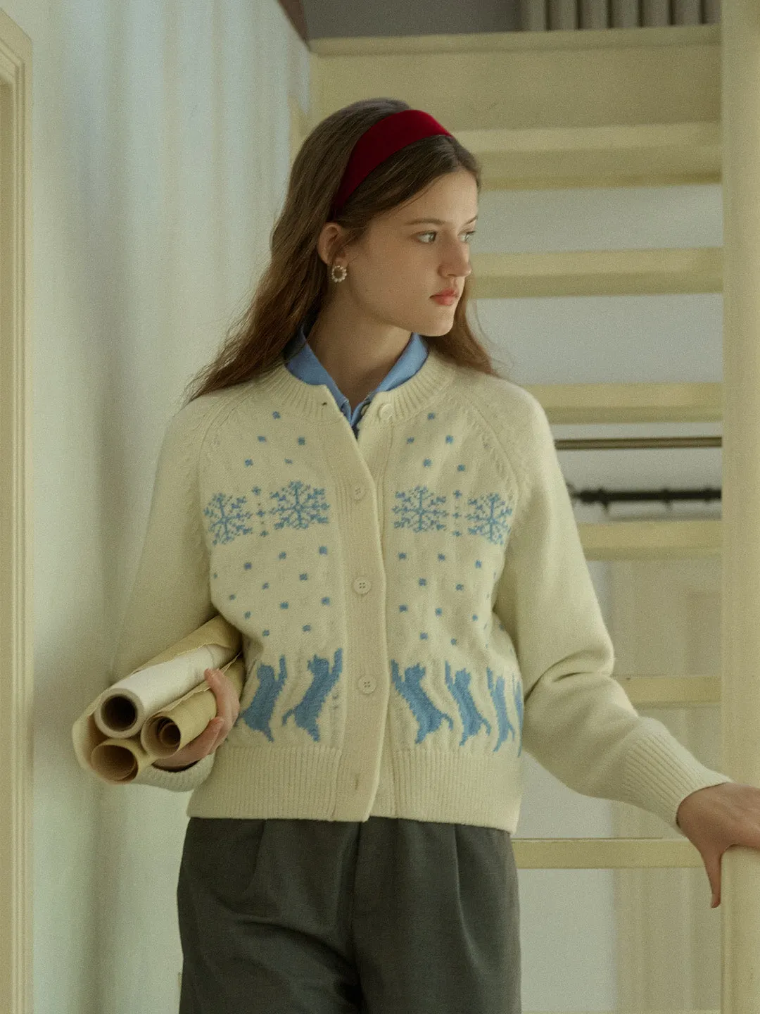 Aleena Fair Isle Classic Crew Neck Cat Snowflake Contrast Cardigan Cold Weather