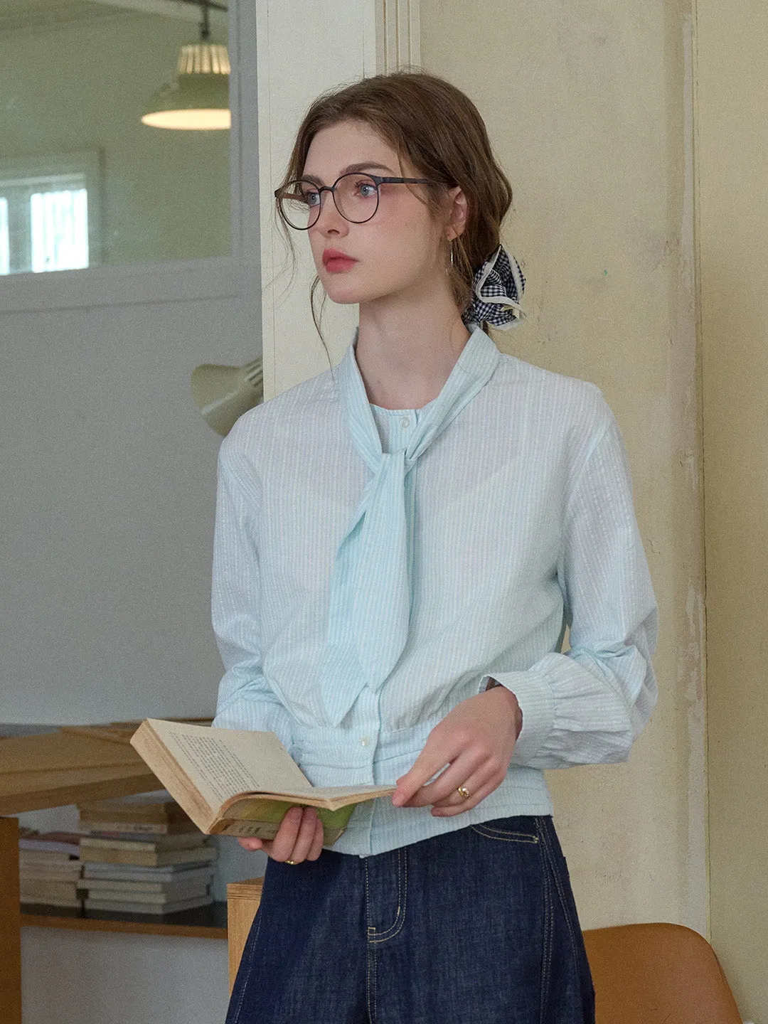 Alessia Round Neck Tie 100% Cotton Blouse Layered Neckline