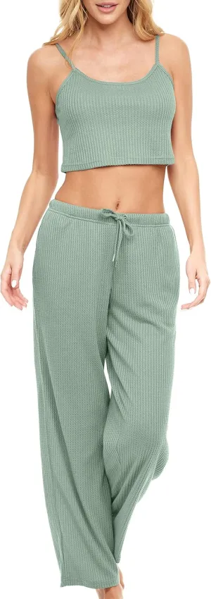 Alexander Del Rossa Women's Ribbed Waffle Rib Knit Pajamas Lounge Set, Spaghetti Strap Cami Crop Top Pajama Pants Pockets