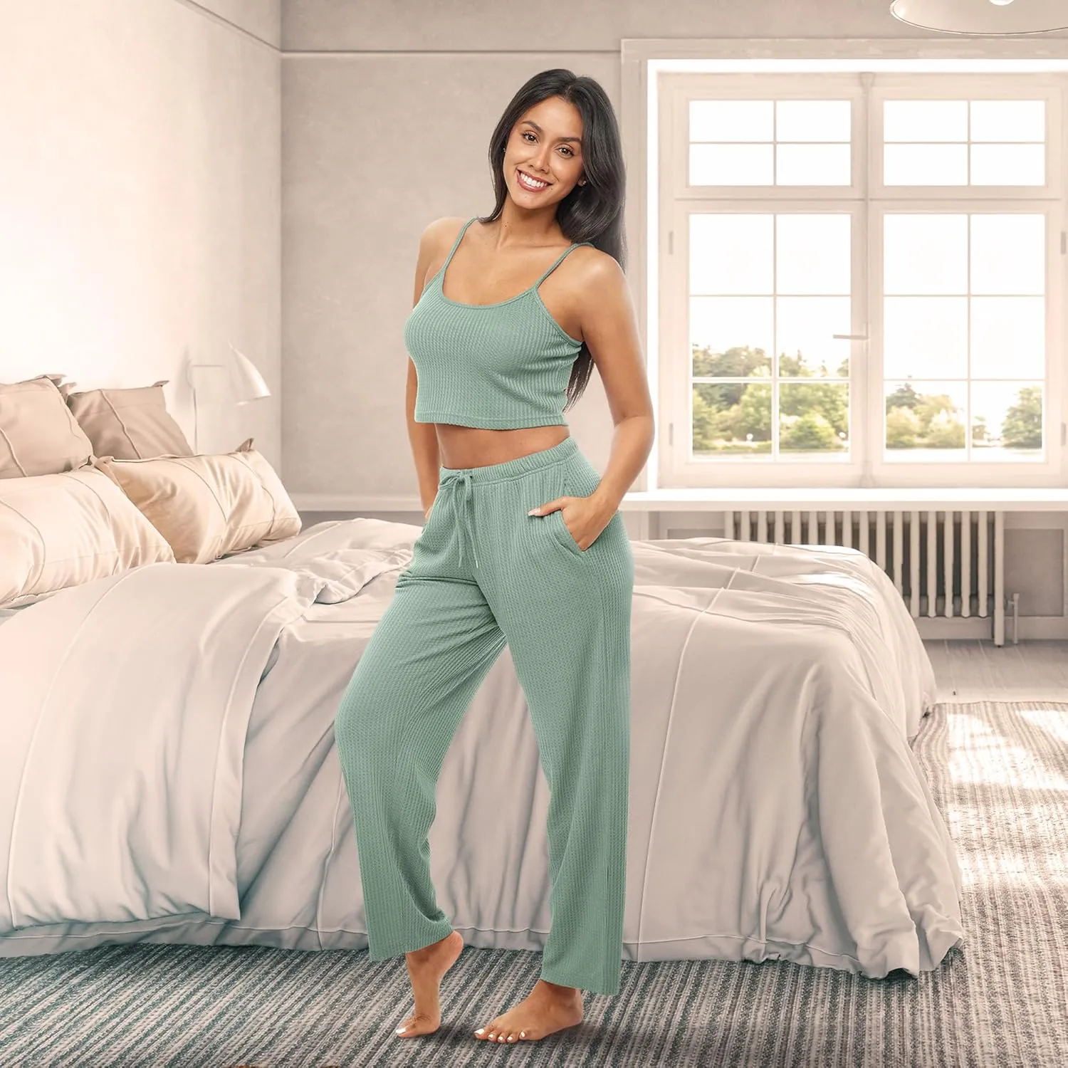 Alexander Del Rossa Women's Ribbed Waffle Rib Knit Pajamas Lounge Set, Spaghetti Strap Cami Crop Top Pajama Pants Pockets
