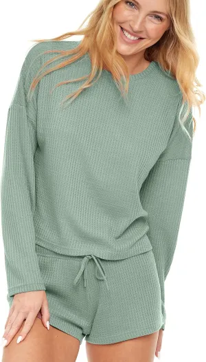 Alexander Del Rossa Women's Soft Ribbed Waffle Rib Knit Pajamas Lounge Set Long Sleeve Sweater Top and Shorts w Drawstring