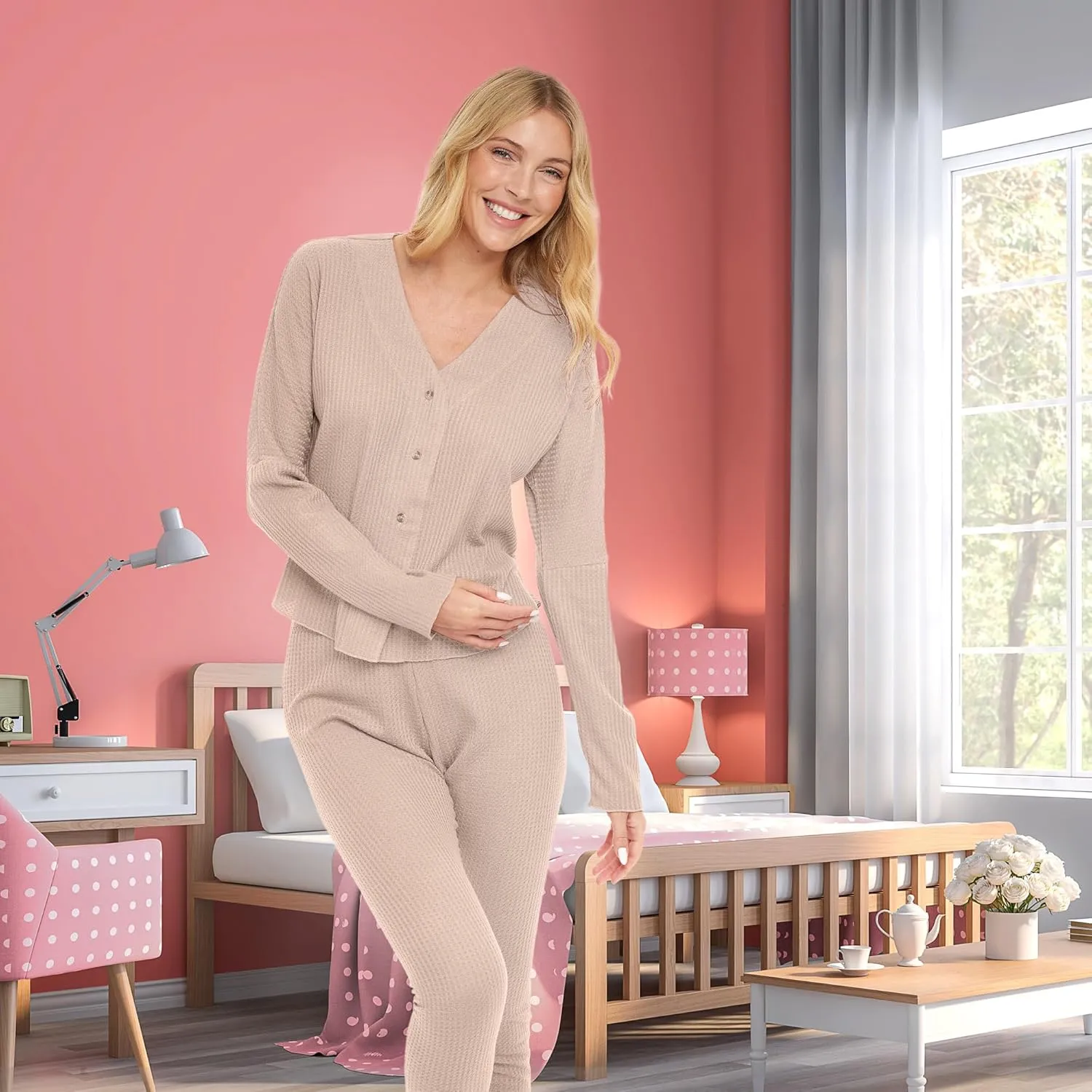 Alexander Del Rossa Women's Soft Ribbed Waffle Rib Knit Pajamas Lounge Set, Long Sleeve V-Neck Top and Leggings PJ Pants