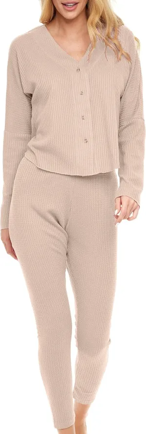 Alexander Del Rossa Women's Soft Ribbed Waffle Rib Knit Pajamas Lounge Set, Long Sleeve V-Neck Top and Leggings PJ Pants