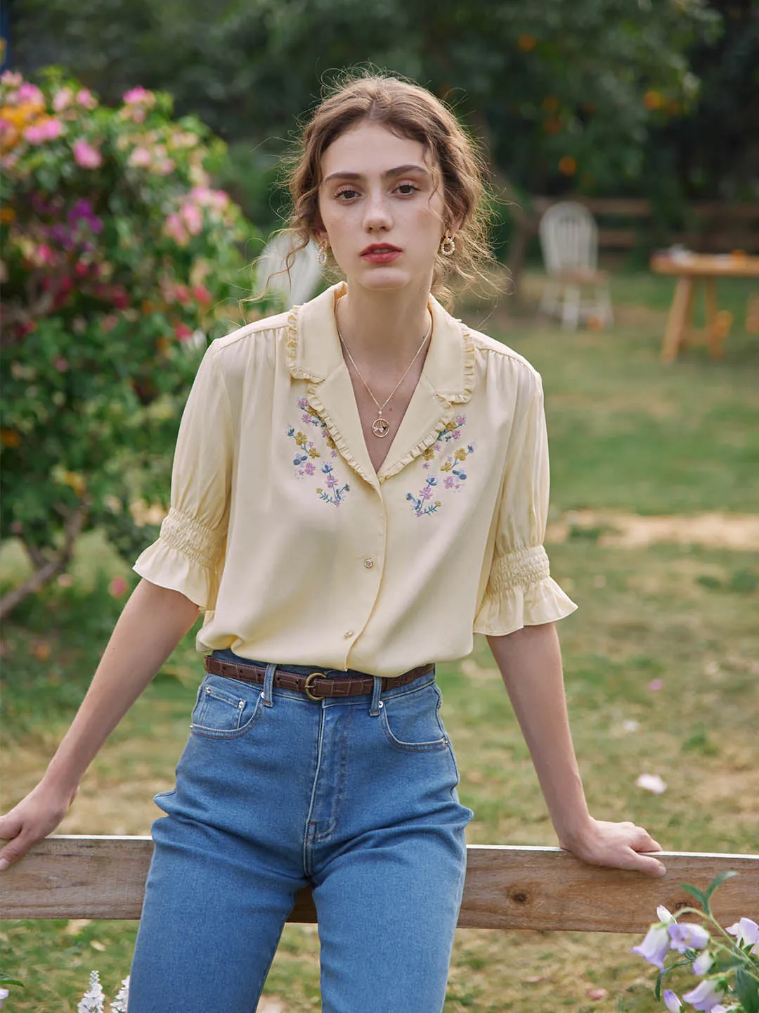 Alicia Floral Embroidery V-Neck Blouse SublimatedPrint ConvertibleCollarSystem