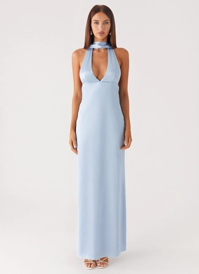 Alicia Satin Halter Maxi Dress - Baby Blue Comfy Design Soft Shine