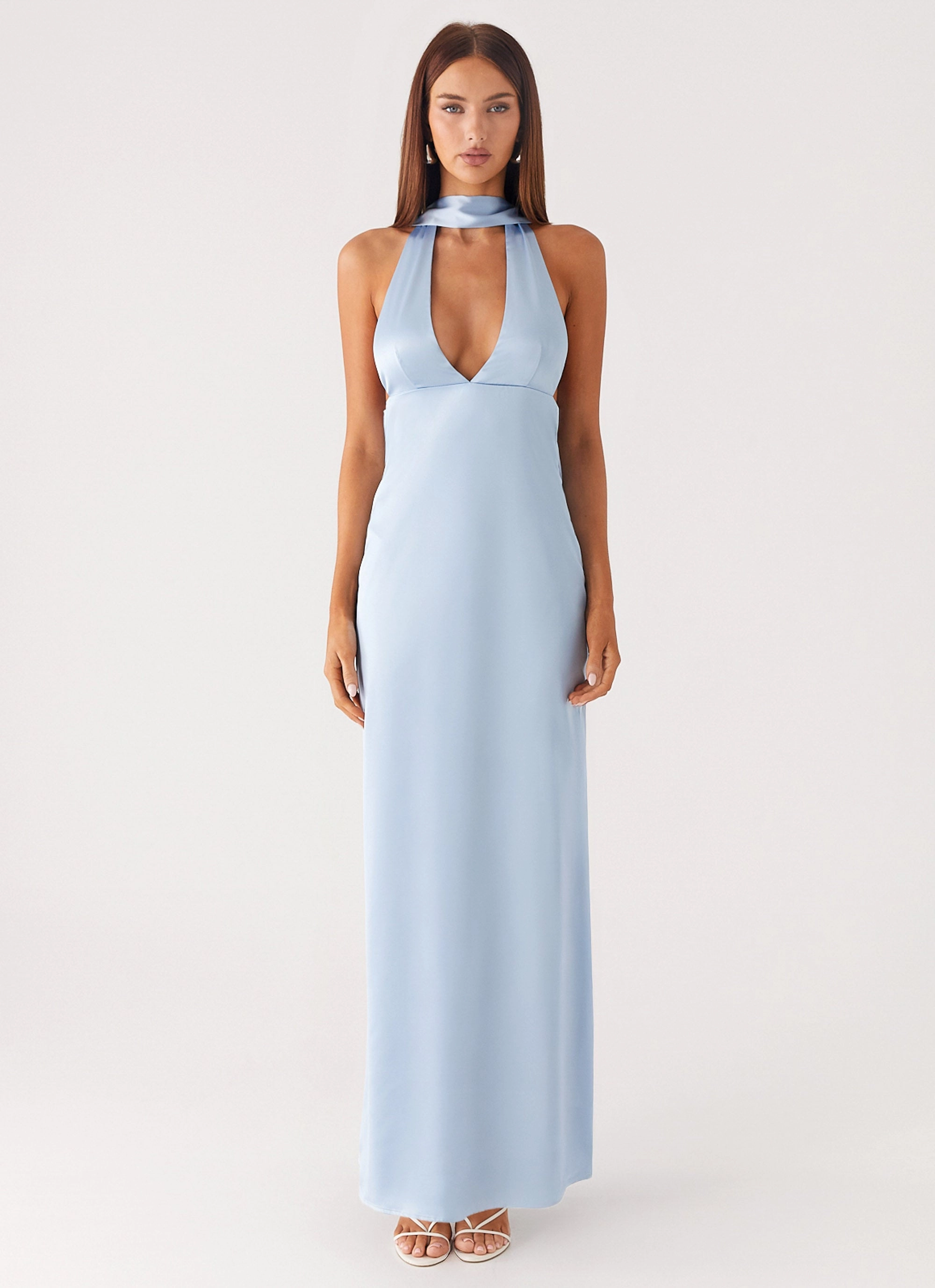 Alicia Satin Halter Maxi Dress - Baby Blue Comfy Design Soft Shine