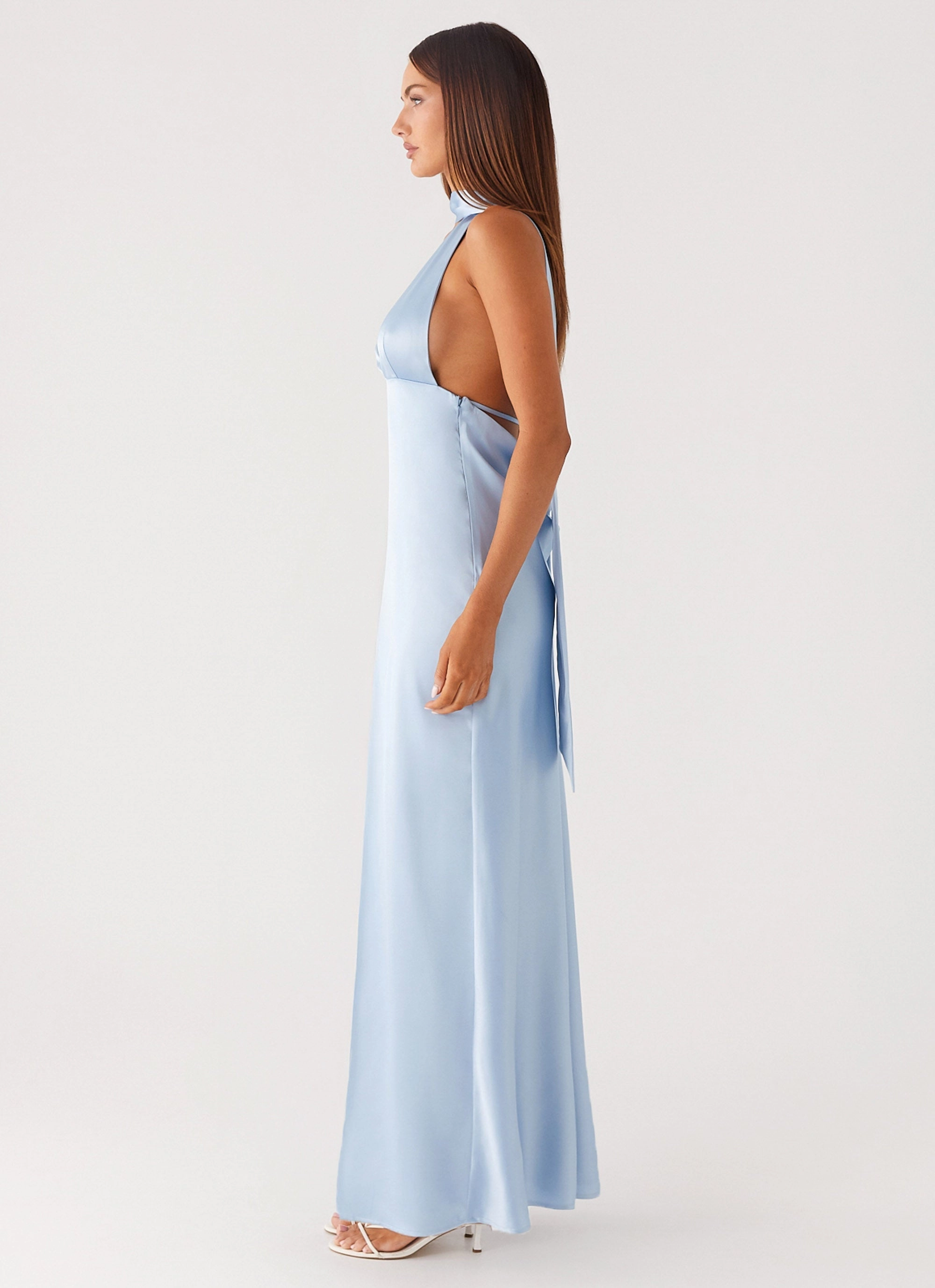 Street Casual Lounge Mood Alicia Satin Halter Maxi Dress - Baby Blue