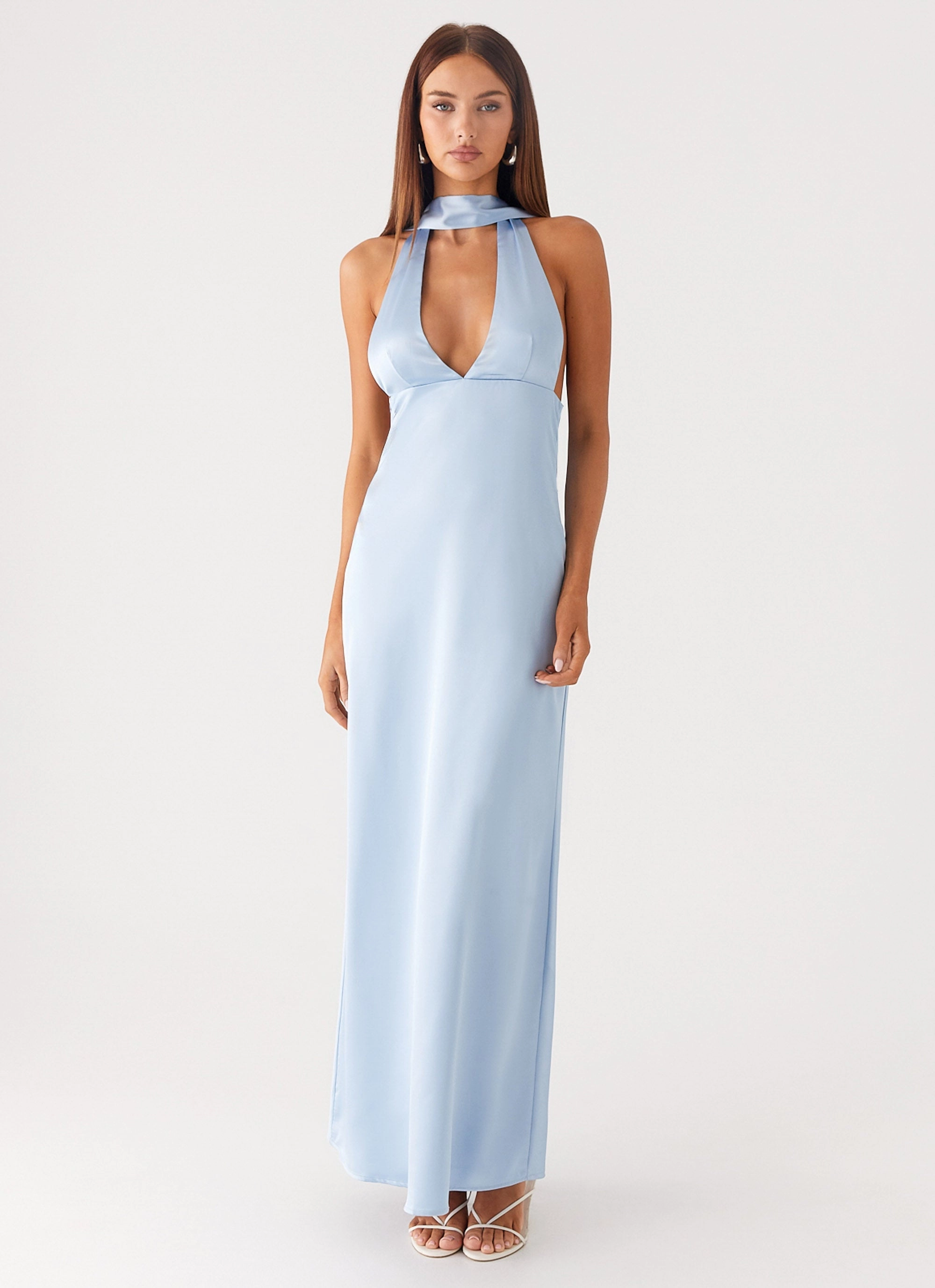 Alicia Satin Halter Maxi Dress - Baby Blue Flowing Fit Flowy Layers