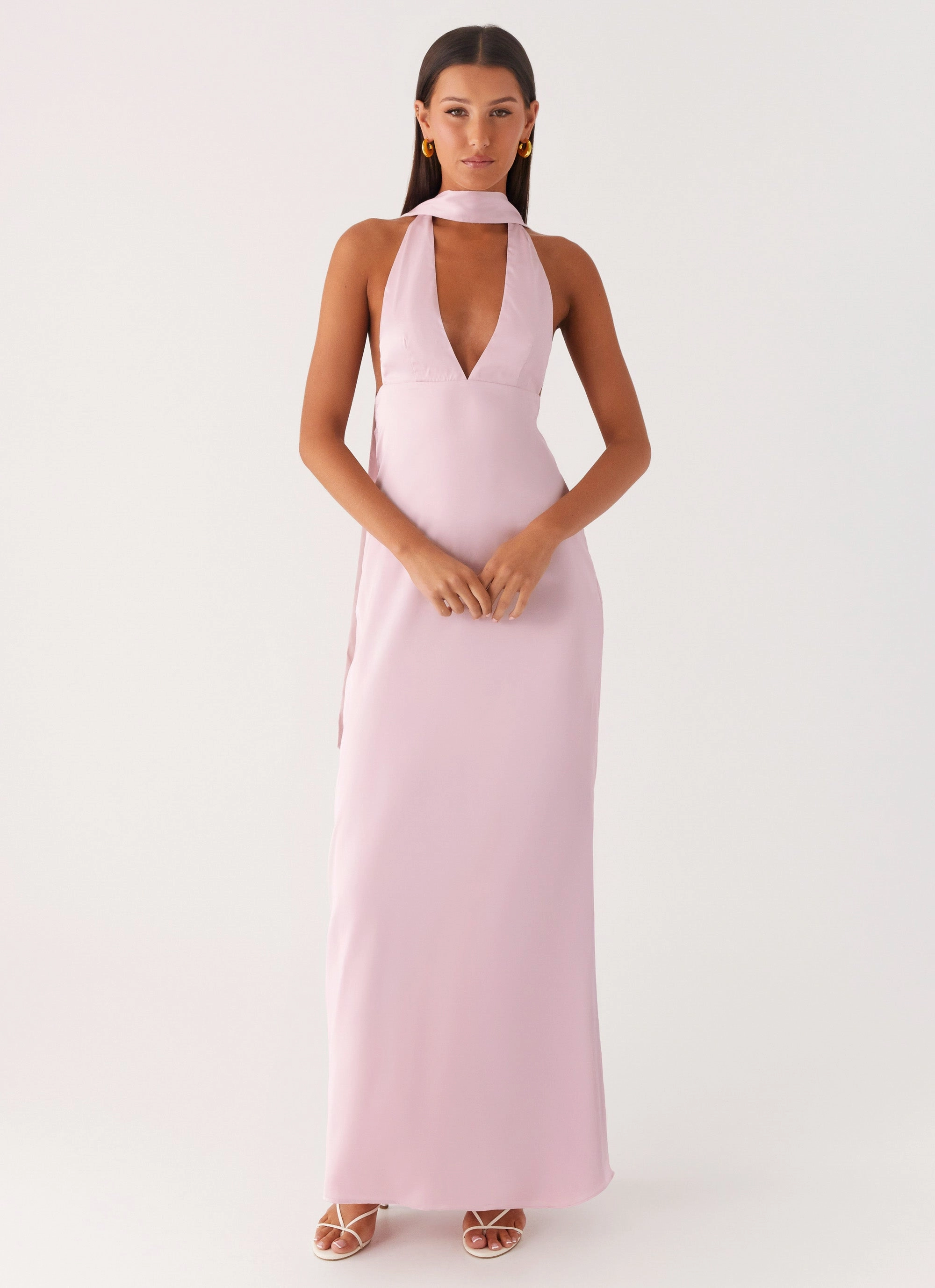 Alicia Satin Halter Maxi Dress - Baby Pink Pure Stitch