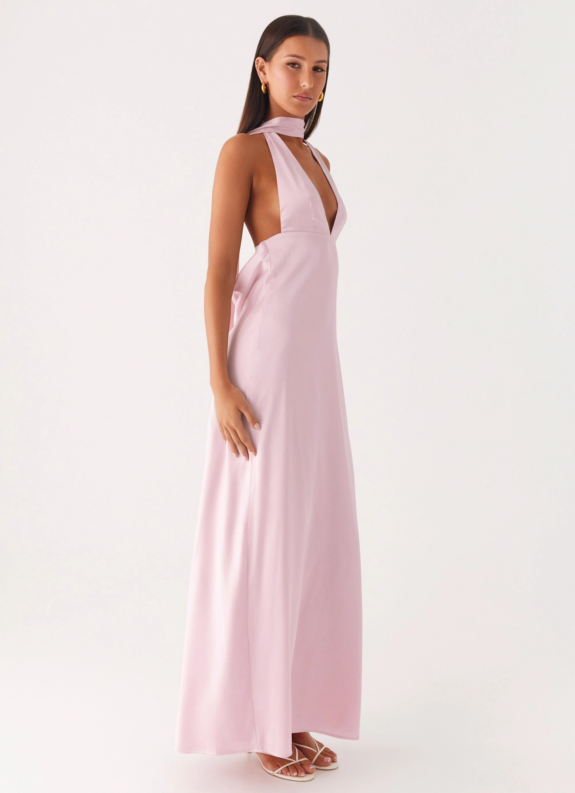 Chilly Day Comfort Alicia Satin Halter Maxi Dress - Baby Pink