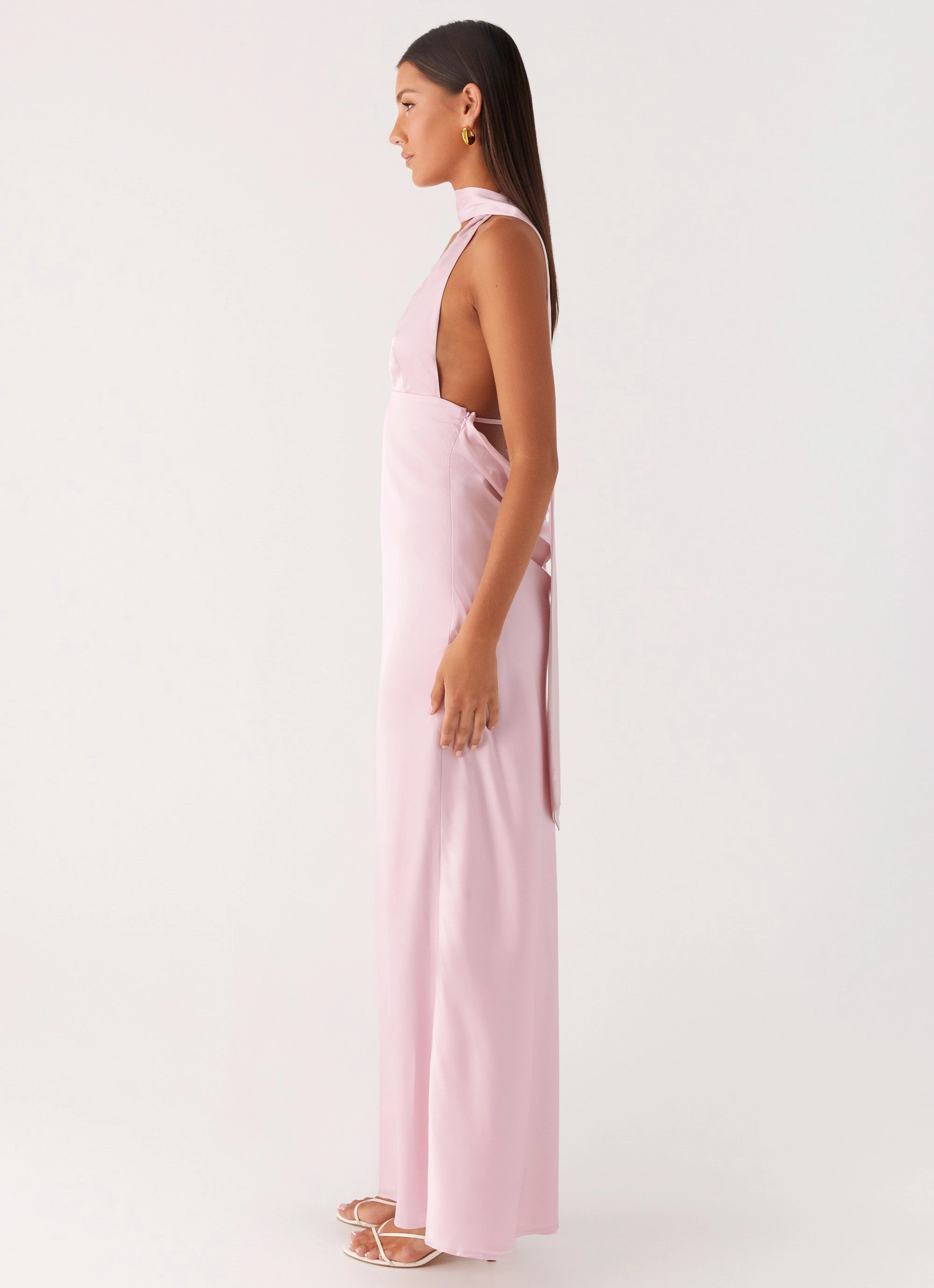 Short Sleeve Alicia Satin Halter Maxi Dress - Baby Pink