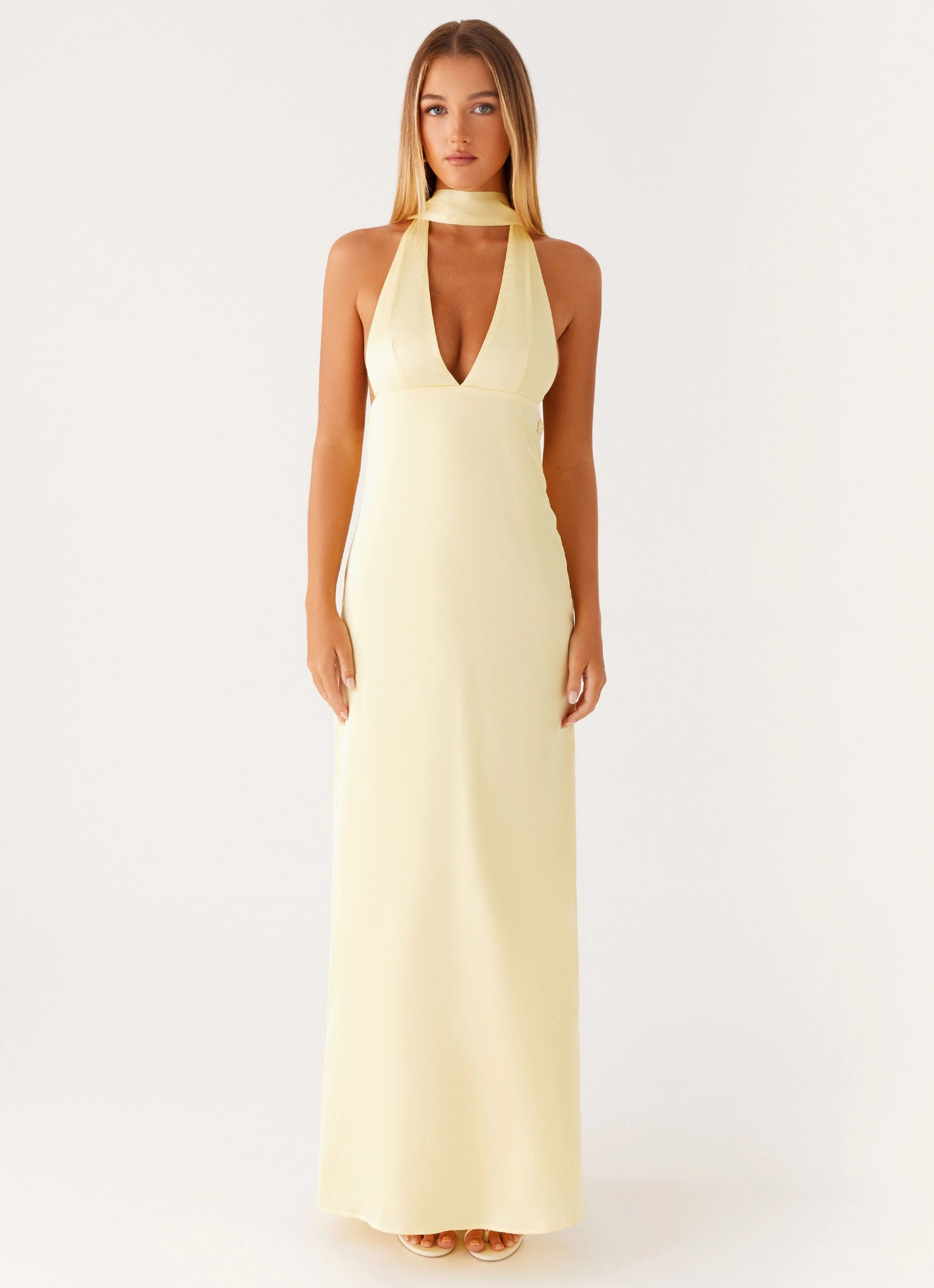 Alicia Satin Halter Maxi Dress - Yellow Layer Safe Soft and Stylish