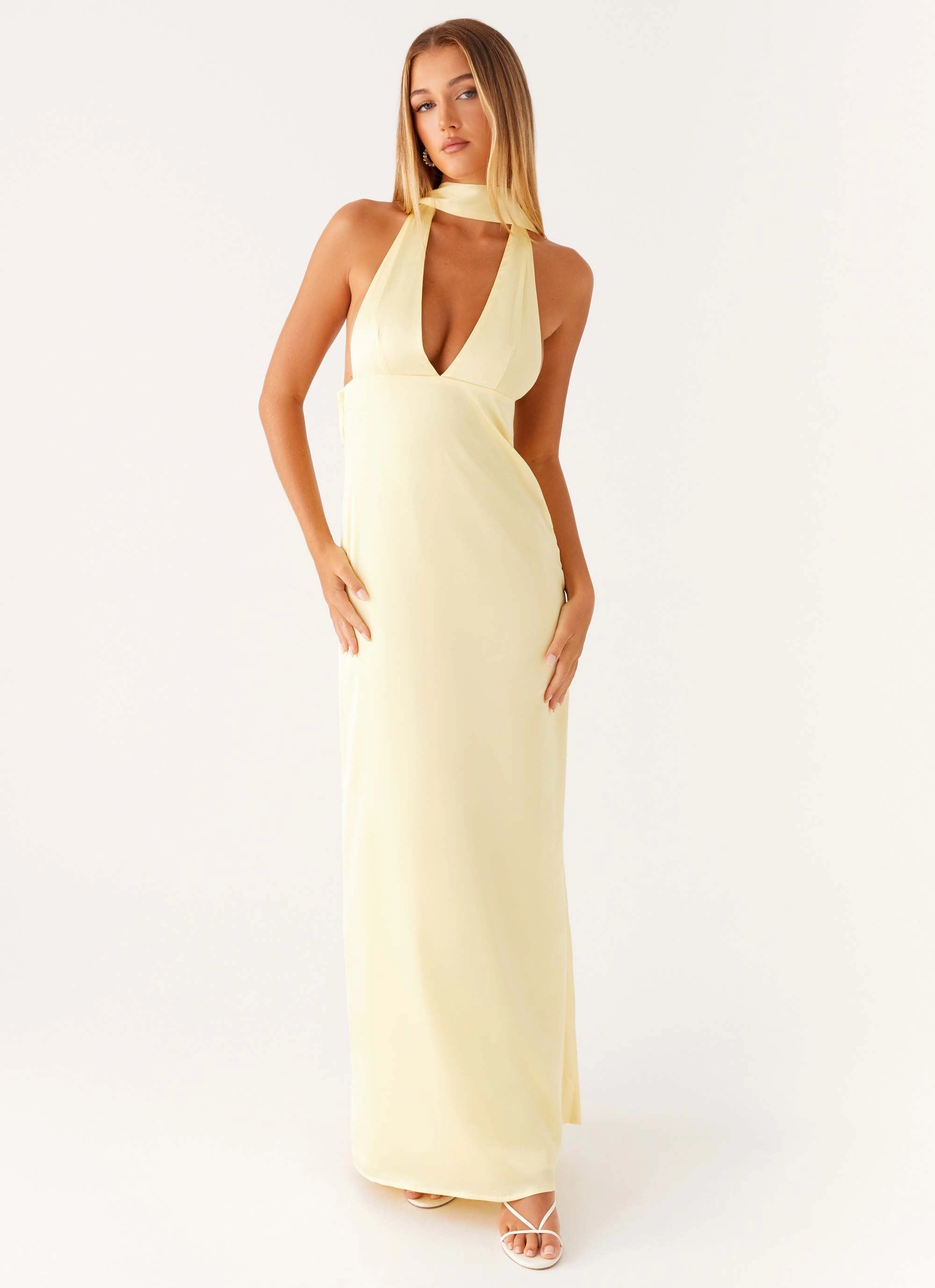 Alicia Satin Halter Maxi Dress - Yellow Travel-Essential