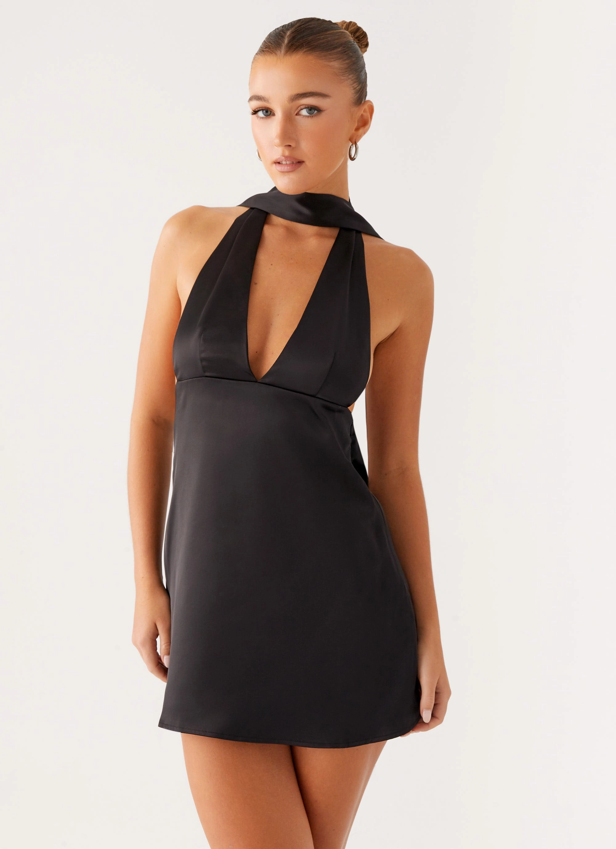 Simple Layer Alicia Satin Halter Mini Dress - Black