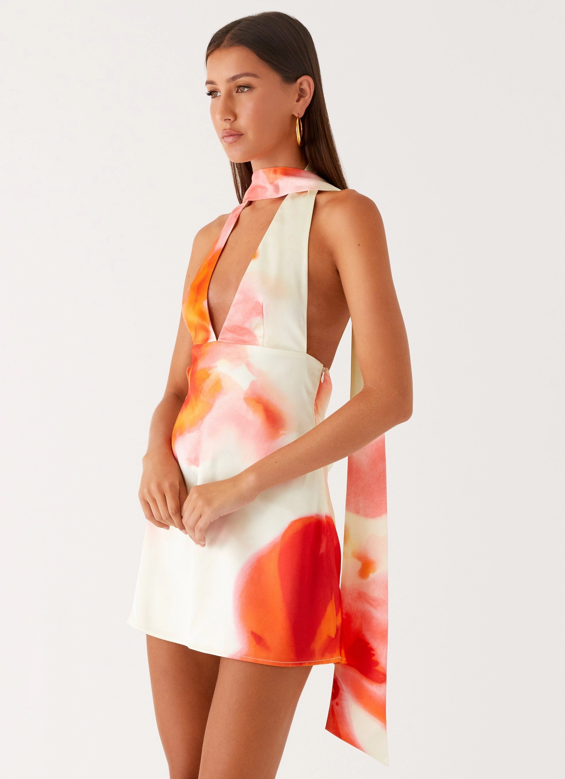 Classic Layering Mood Focused Alicia Satin Halter Mini Dress - Mimosa Blossom