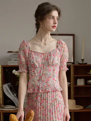 Alivia Floral Print Tie Neck Heart Shaped Collar Pink Blouse LayeredCollar Cozy Layer