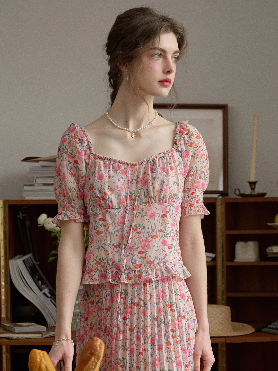 TearResistant Blends Alivia Floral Print Tie Neck Heart Shaped Collar Pink Blouse