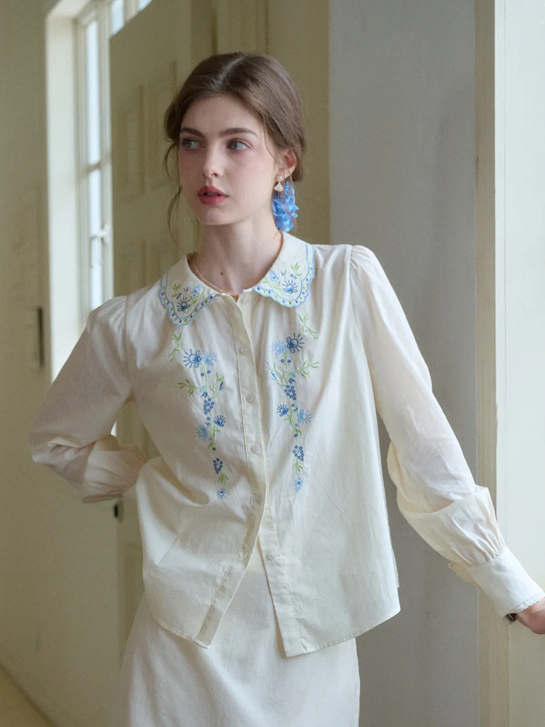 Luciana Peter Pan Collar Embroidery 100% Cotton Blouse RibbedTrims