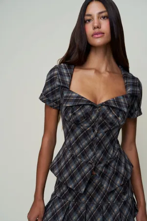 Flexible Ribbed Cuffs Lia Buttondown Diamond Tartan Corset