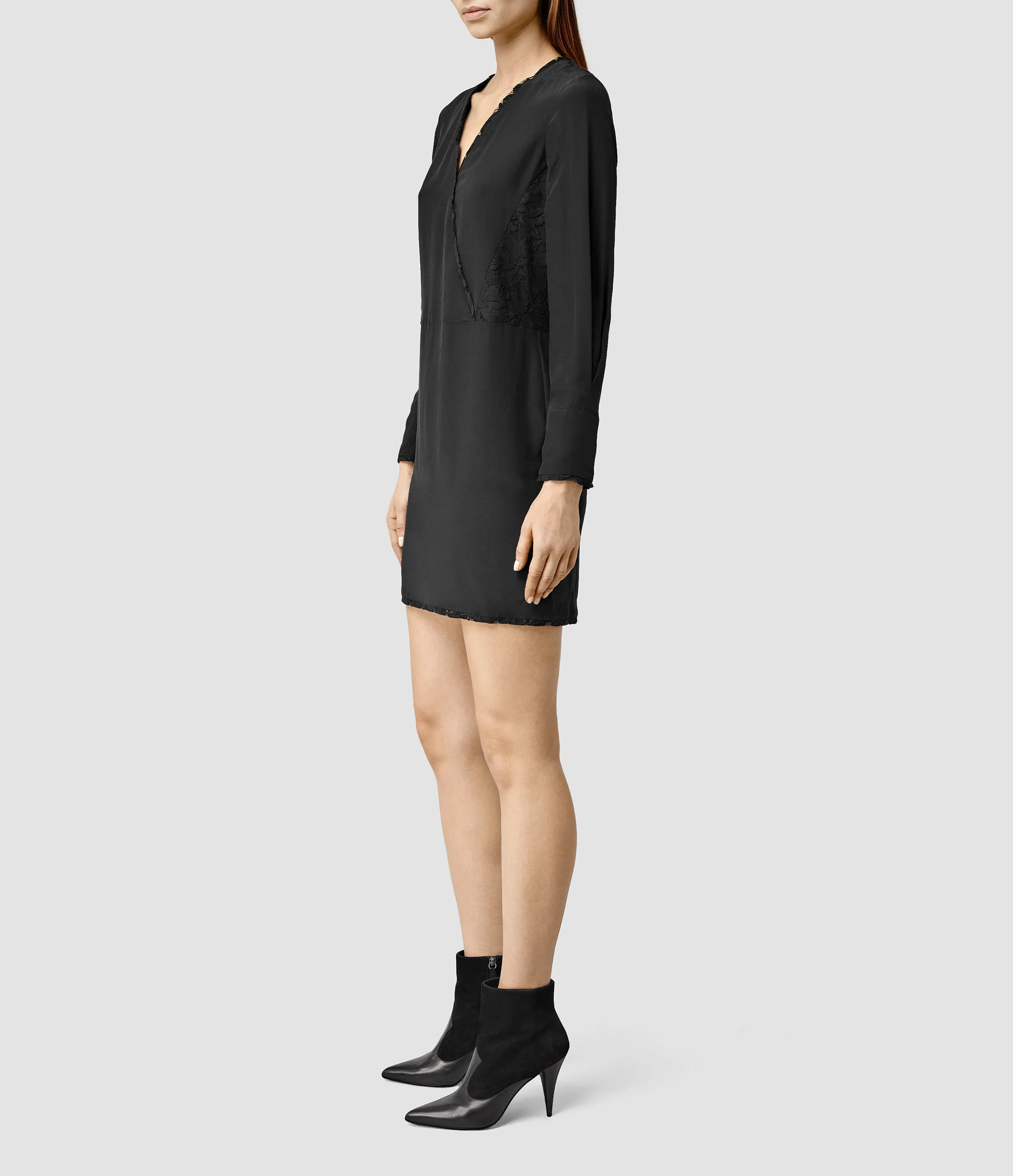 ALL SAINTS BLACK SILK BLEND LACE TRIM DRESS SIZE 4
