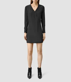 ALL SAINTS BLACK SILK BLEND LACE TRIM DRESS SIZE 4