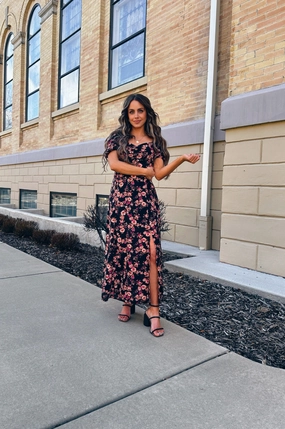 Low-Waist Rosewood Floral Maxi Dress