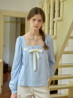 Raglan Sleeve ??Final Sale??Lilia Square Collar Bow Light Blue Blouse