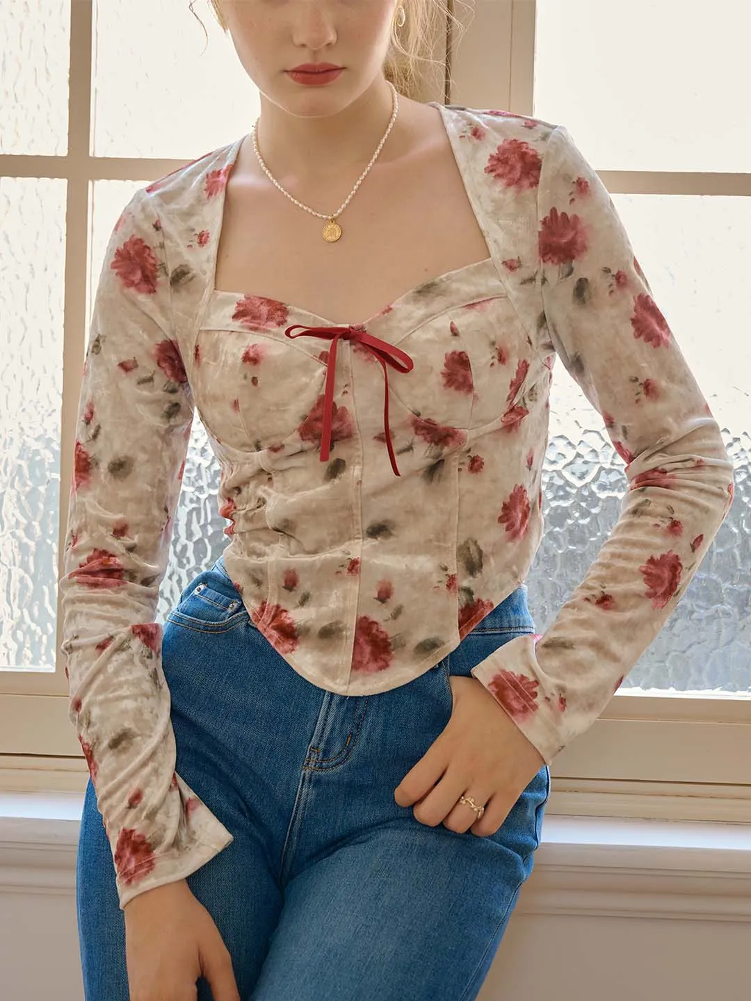 Allison Floral Print Knot Front Bandana Hem Crop Blouse Interlock Stitch Detail