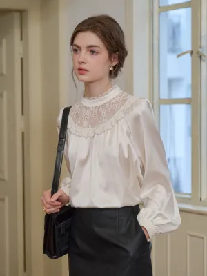 Rubberized grip Kelly Stand Collar Lace Blouse