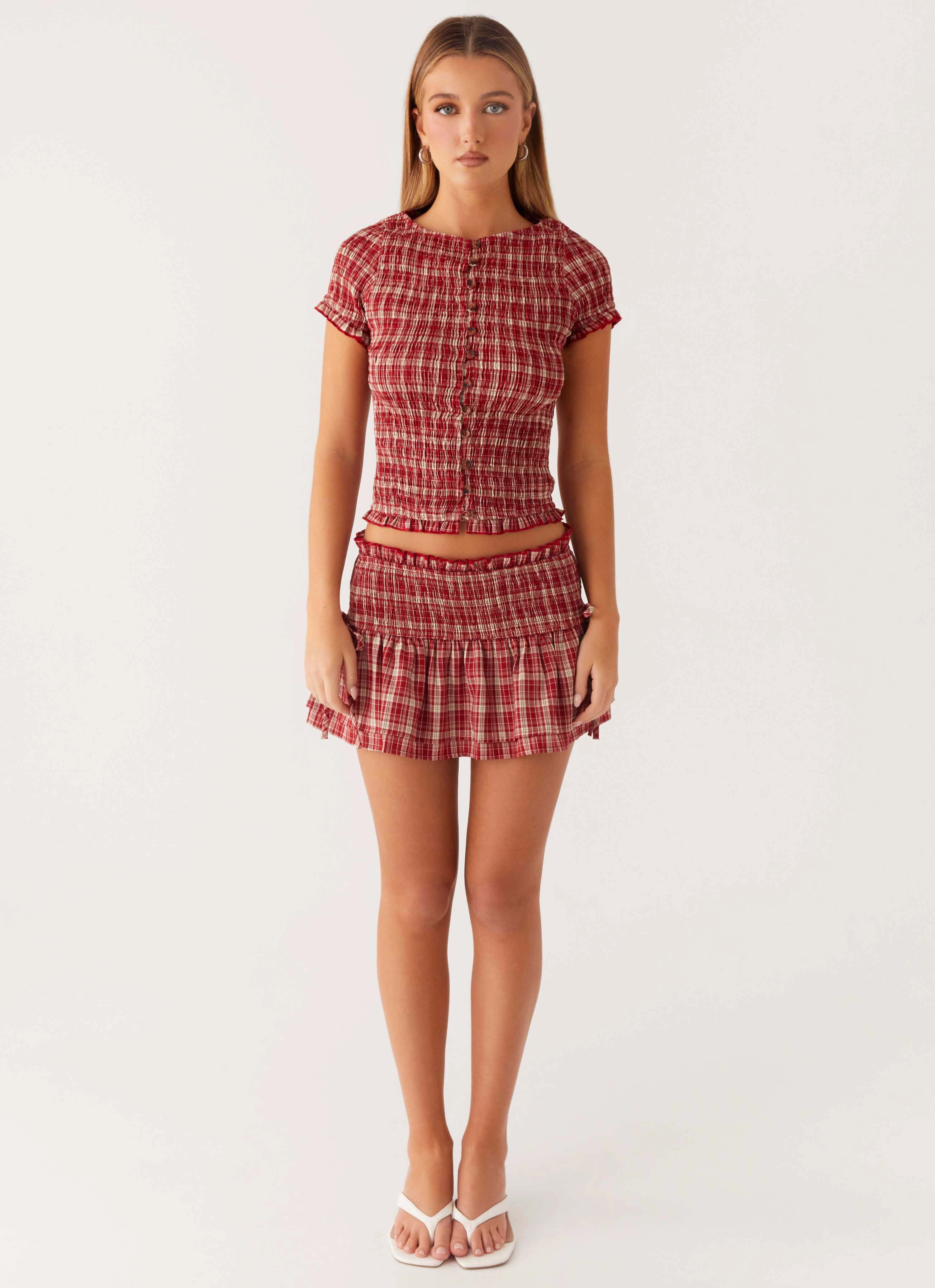 OrganicCotton LowProfileSeams Lenore Button Top - Ruby Check