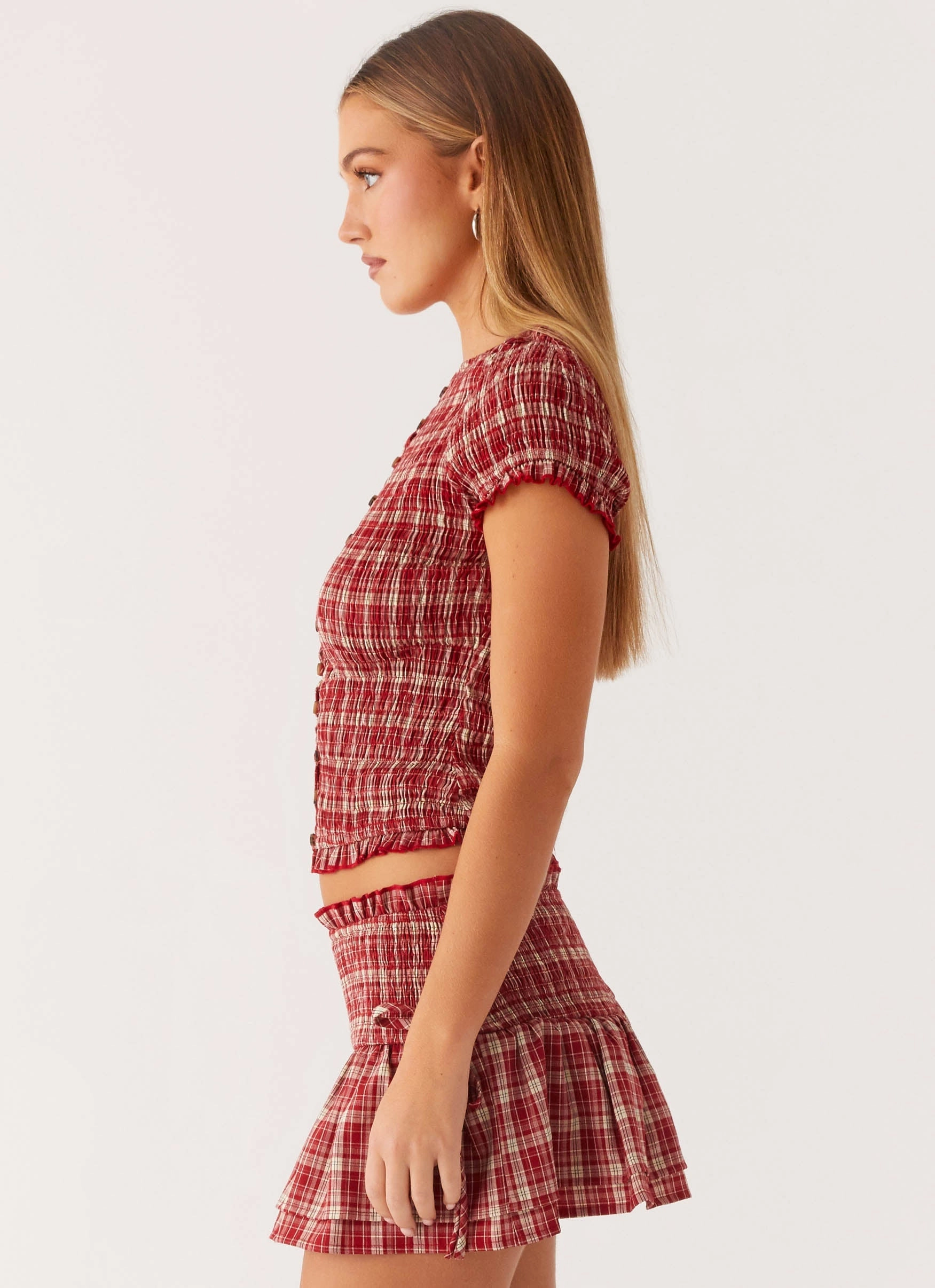 Lenore Button Top - Ruby Check StaticResistantFabric