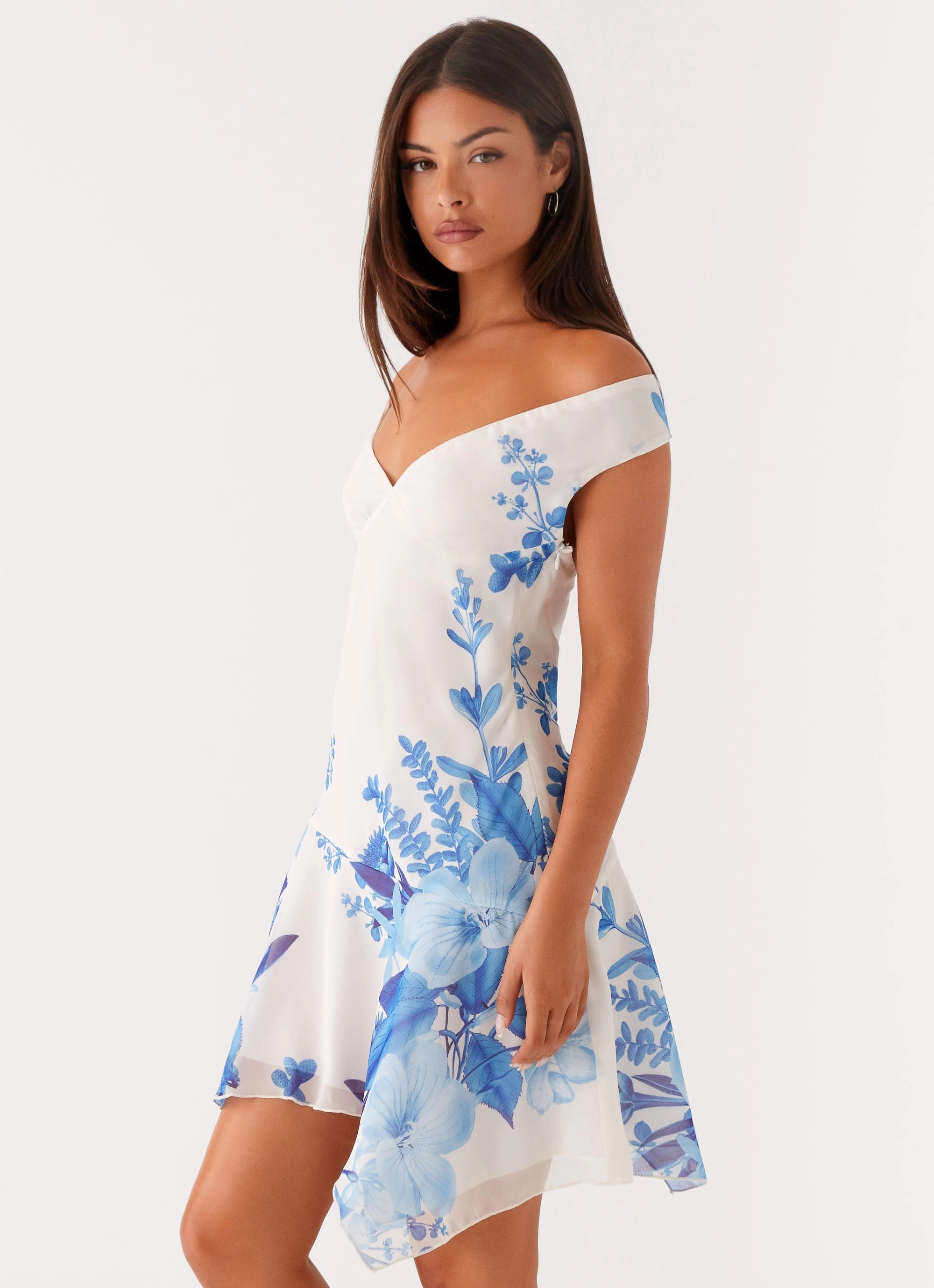 Contrast Stitching Alma Mini Dress - Blue Floral Print