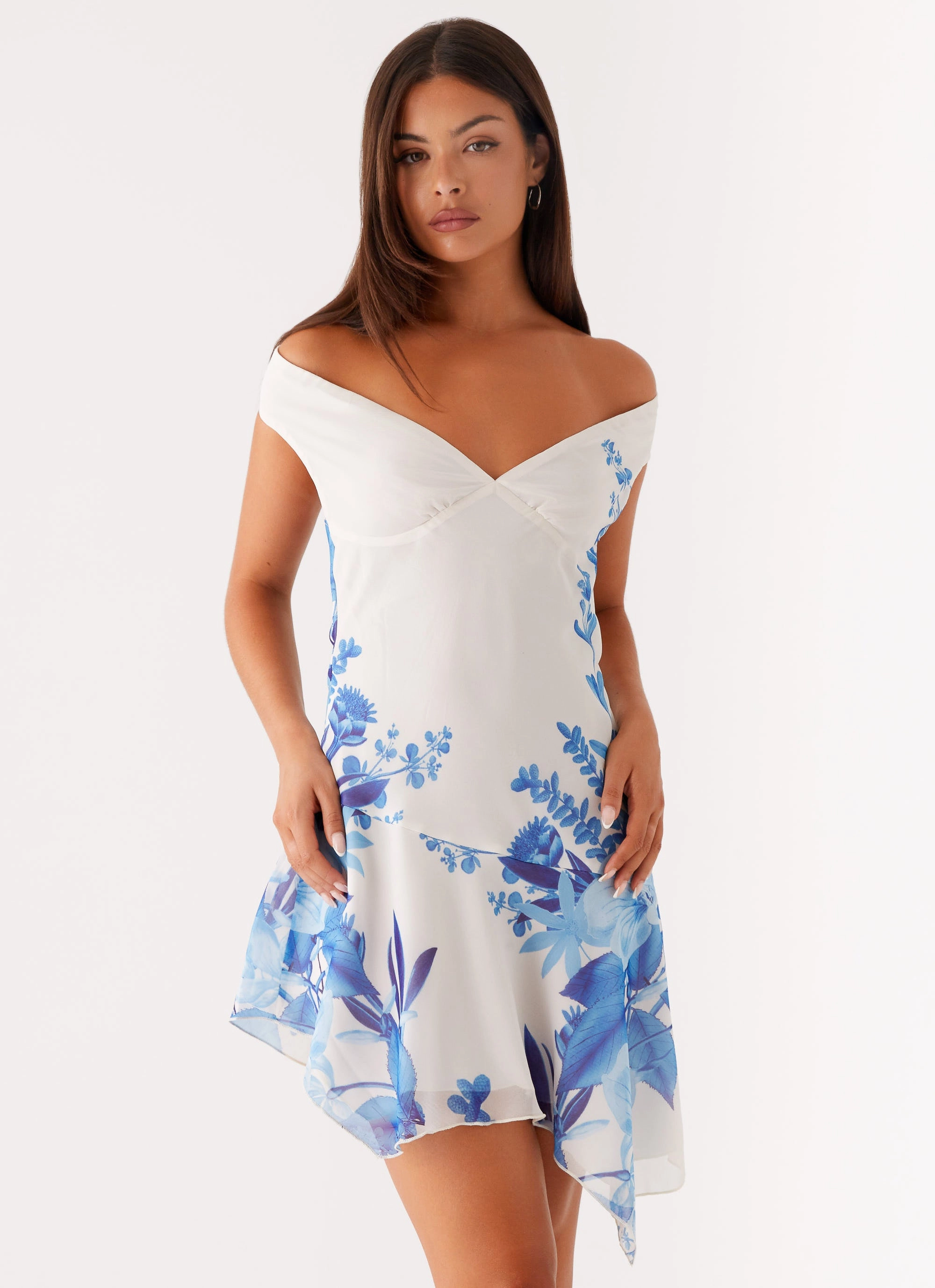 Bold Accent Pleated Construction Alma Mini Dress - Blue Floral Print