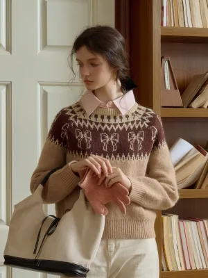 Amayah Sweet Bow Jacquard Classic Crew Neck Fair Isle Sweater DoubleLayered Neckline
