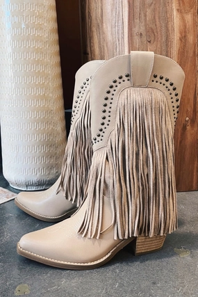 Amber Studded Fringe Boots Eco Conscious Packaging AdjustableHem