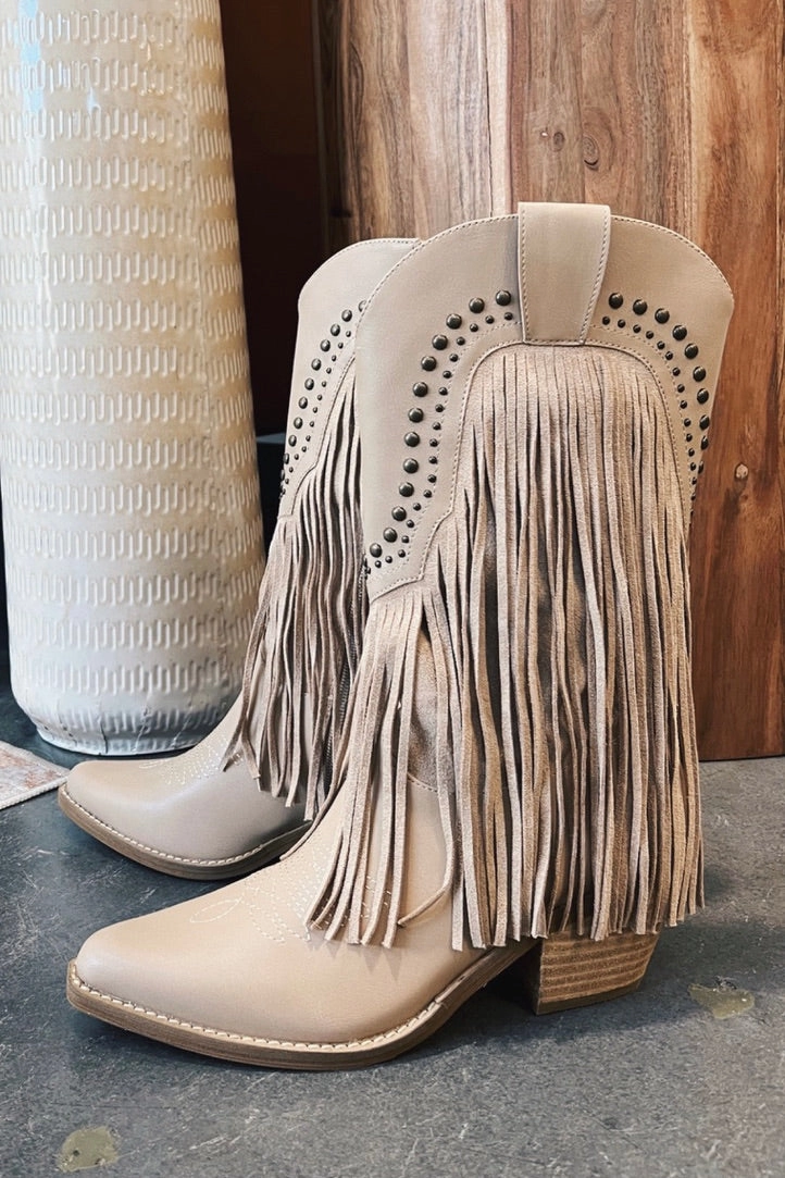 Amber Studded Fringe Boots Eco Conscious Packaging AdjustableHem