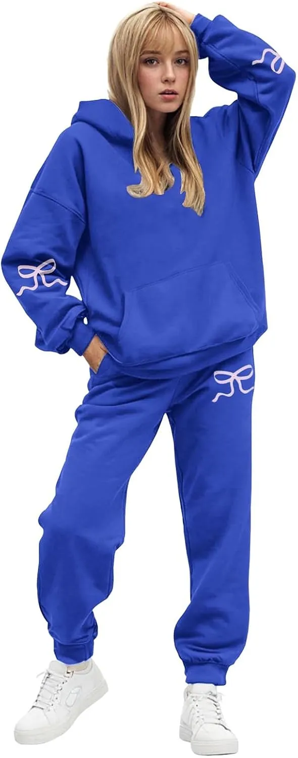AMDBEL Womens Sweatsuits 2 Piece Set,Fashion Cute Bow Trim Print Solid Color Comfy Soft Baggy Pullover Tops and Trousers Sets