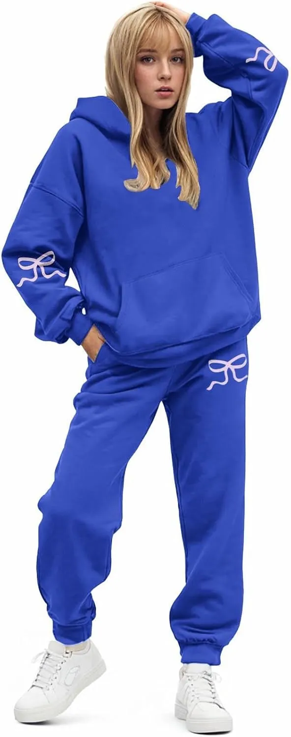 AMDBEL Womens Sweatsuits 2 Piece Set,Fashion Cute Bow Trim Print Solid Color Comfy Soft Baggy Pullover Tops and Trousers Sets