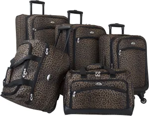 American Flyer Animal Print 5-Piece Spinner Luggage Set, Leopard Black