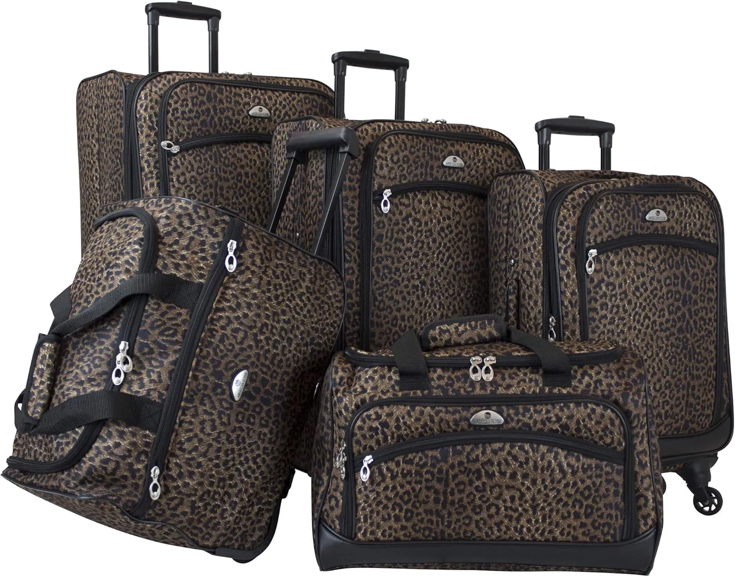 American Flyer Animal Print 5-Piece Spinner Luggage Set, Leopard Black