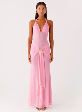 Miyah Halter Hardware Maxi Dress - Baby Pink Silky Shape Summer-Season