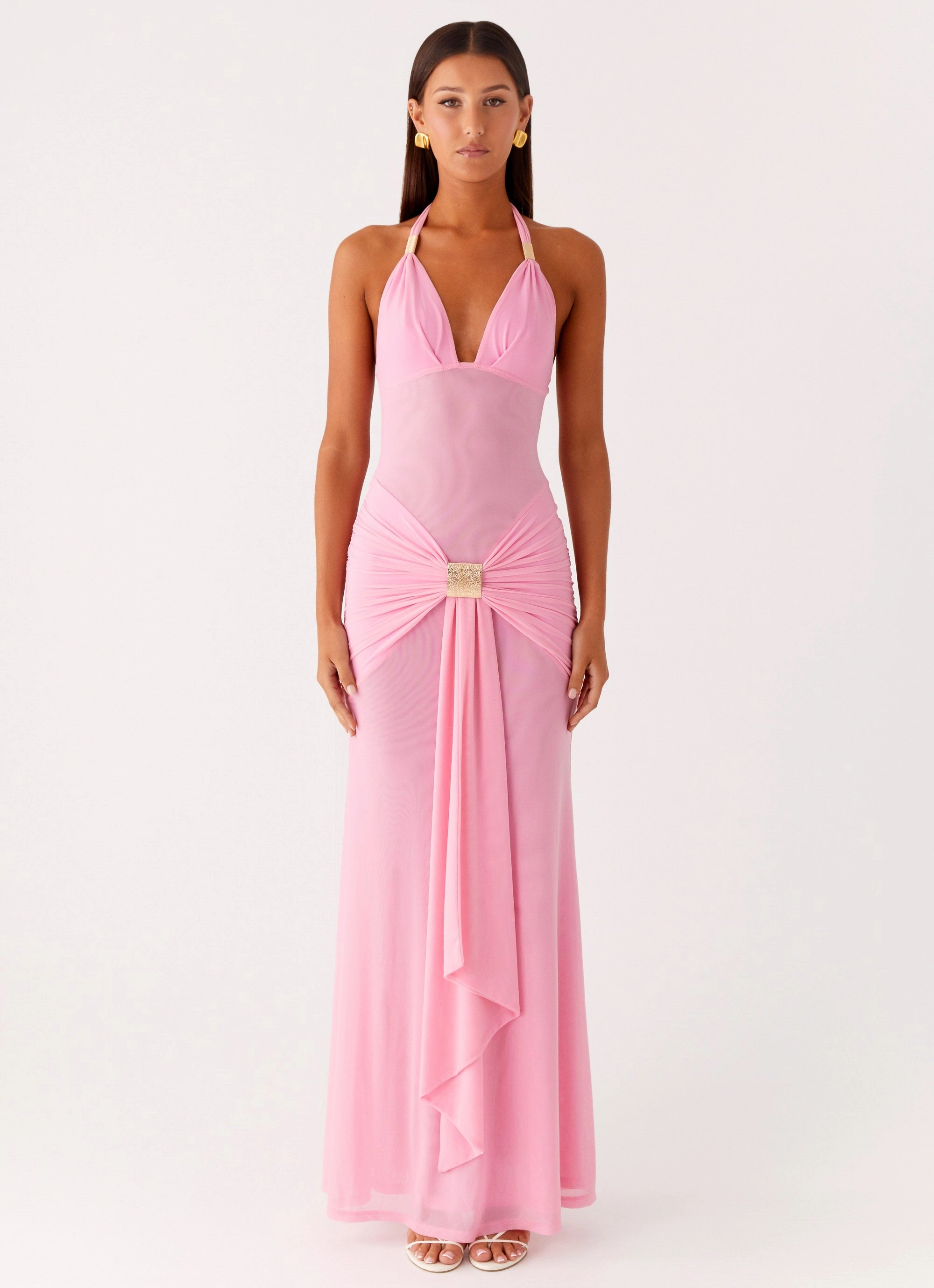 Miyah Halter Hardware Maxi Dress - Baby Pink Silky Shape Summer-Season